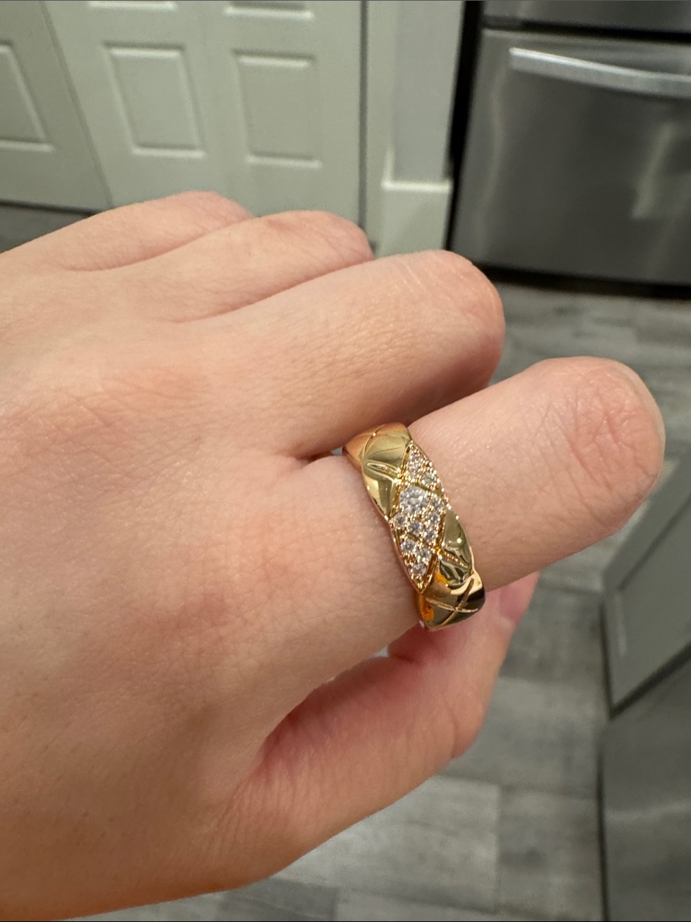 Champagne Gold Quilted CZ Open Band Adjustable Ring